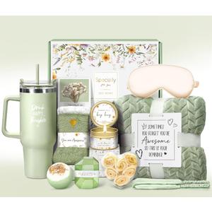 Birthday Gifts for Women Self Care Get Well Soon Gifts, Vanilla Relaxing Spa Gift Basket - Happy Birthday Set w/ Luxury Flannel Blanket & 40 oz Tumbler, Unique Christmas Gift for Mom Her Wife Sister
