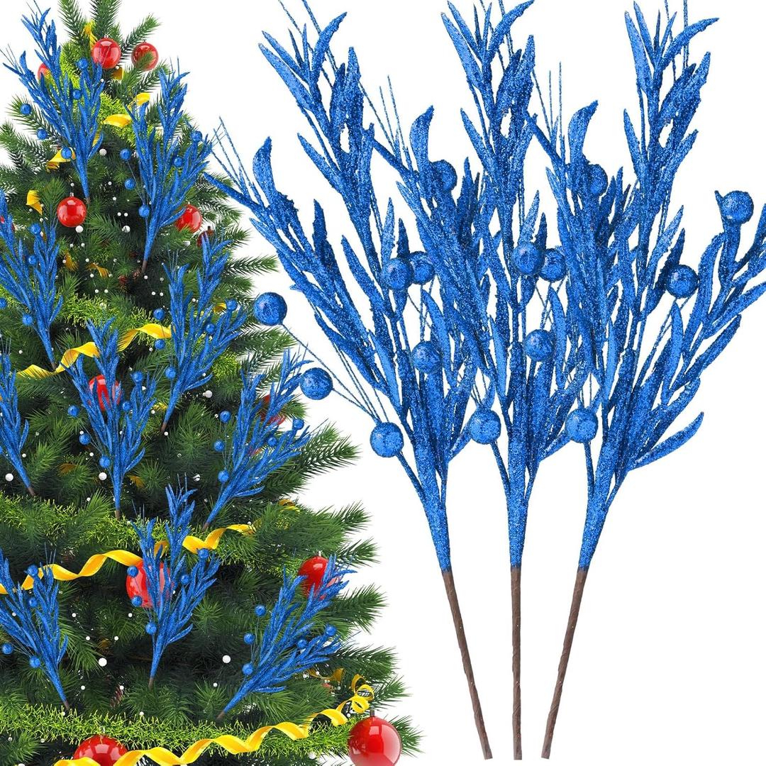 Giegxin 20 Pcs Christmas Artificial Glitter Berry Stems - 18.8'' Glitter Berry Branches Ornaments Christmas Tree Picks and Sprays for DIY Xmas Wreath Vase Holiday Wedding Party Decor(Blue)