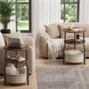 Round Side Table with Charging Station, USB Type C Port, Brown, 15.75" Dia with Power Strip