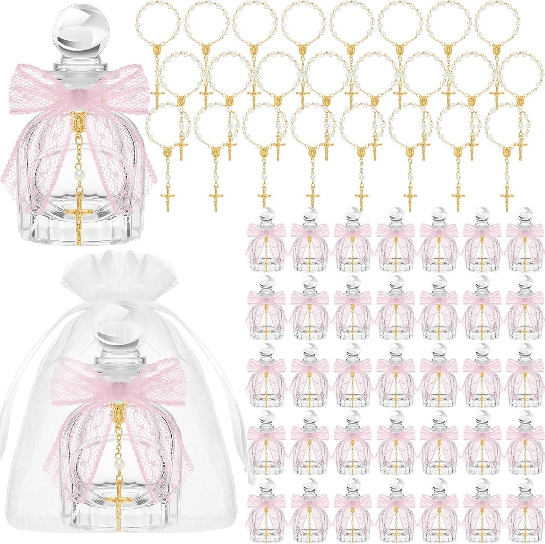 Chuangdi 24 Sets Holy Catholic Water Bottles Bulk Baptism Favors for Guests Catholic Christian Glass Bottles,Gold Cross Bracelet Organza Bags, Ribbon for Church Wedding Baptism Gift (Lace Bow,Pink)