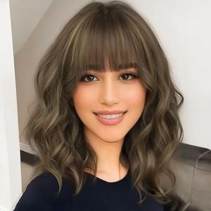 AISI HAIR Synthetic Wavy Curly Bob Wig with Bangs Brown mix Caramel Blonde Short Hair for Women Synthetic Heat Resistant Bob Wigs