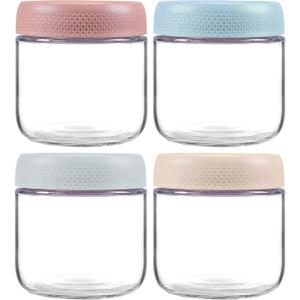 4 Pack Glass Clear Storage Canister with Airtight Lid, 12oz Overnight Oats Containers, Small Cute Decorative Pantry Jar for Snacks, Yogurt, Cereal, Fruit, Salad, Spice, Sugar, Coffee, Tea