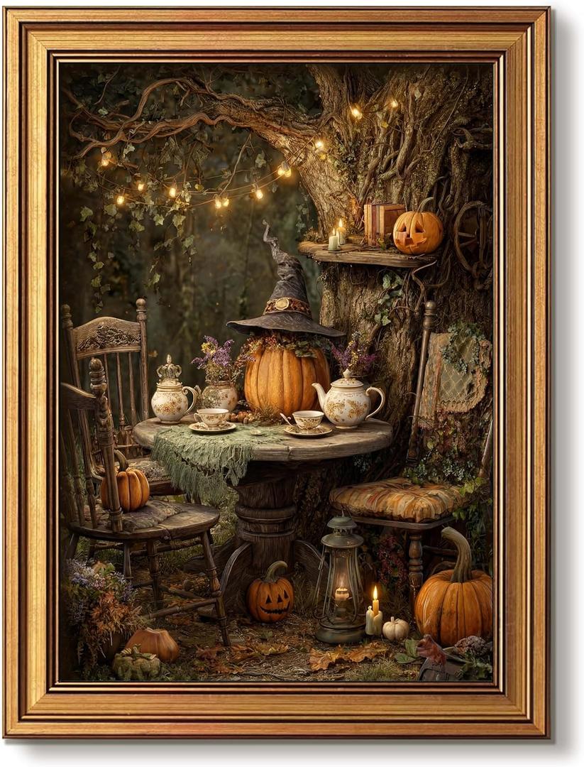 Vintage Gold Framed Halloween Wall Art Horror Fall Pumpkin Prints 16x24 In
