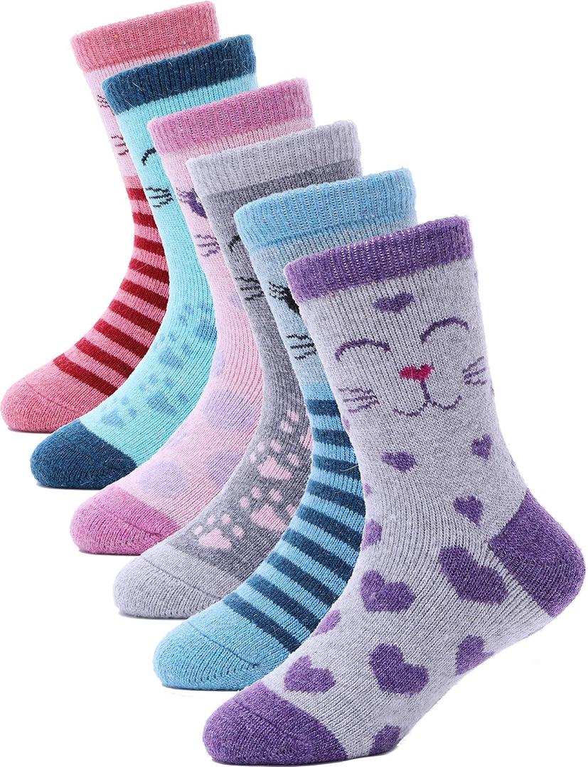 ANTSANG Kids Merino Wool Hiking Socks for Toddlers Boys Girls Warm Thick Thermal Crew Boot Heavy Cozy Gift Socks 6 Pairs (4-7 Years)