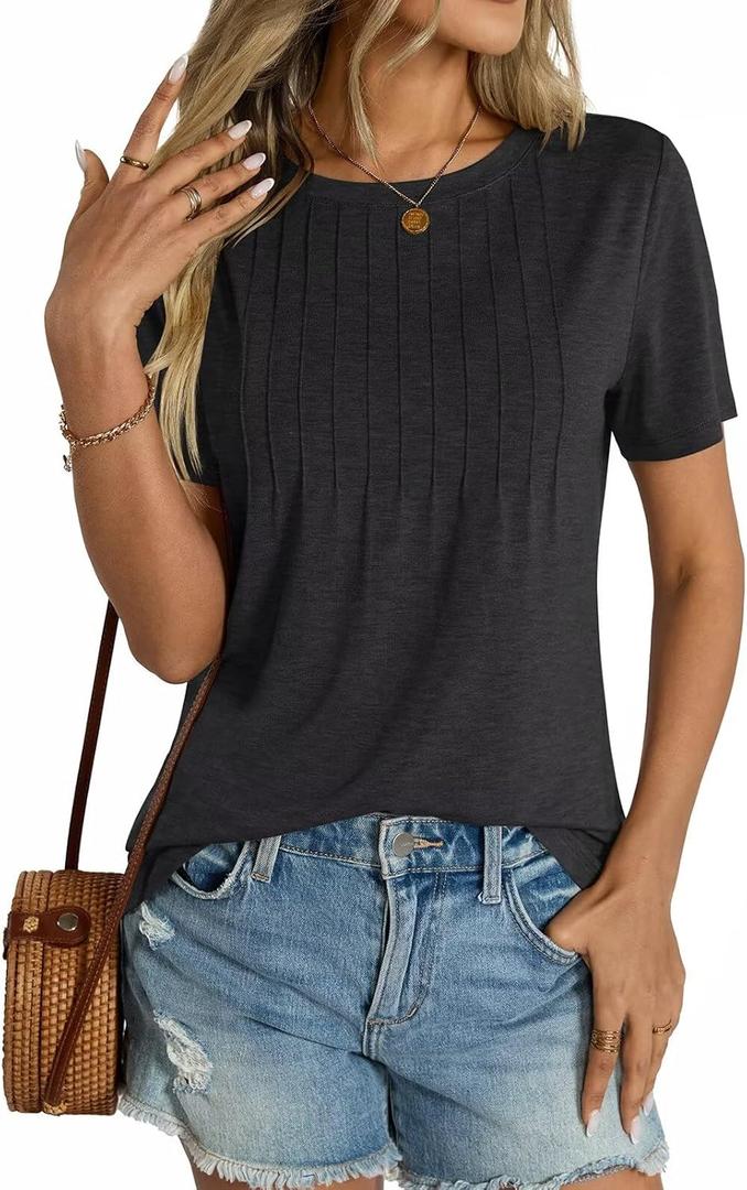 Womens Short Sleeve T Shirts Pleated Dressy Casual Crewneck Loose Fit Tee Trendy Summer Tops Blouses 2025 (Black, XL)