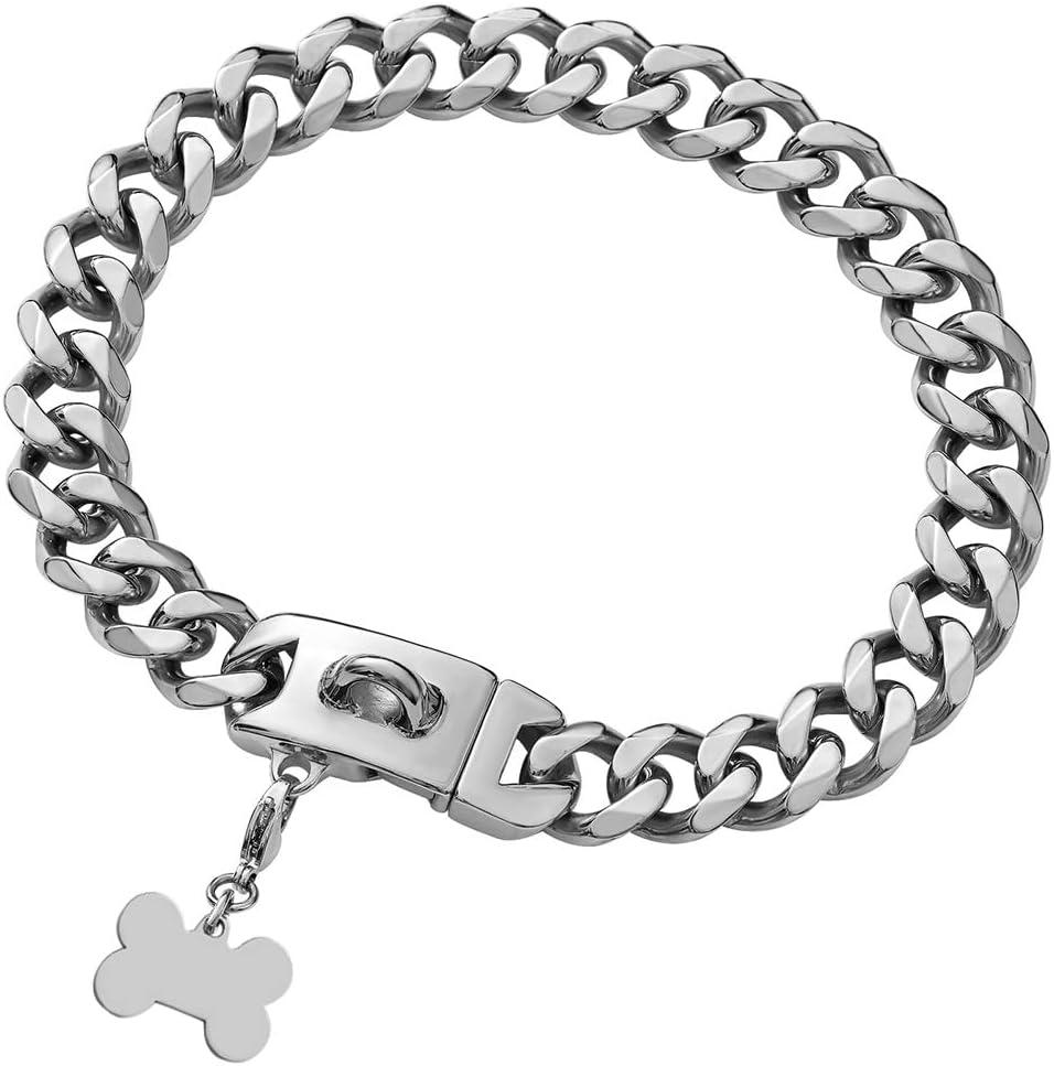 Silver Metal Dog Chain Collar with Design Secure Buckle & ID Tag,Pet Necklace,Strong Stainless Steel Cuban Link Chain,Chew Proof Indestructible Choke Walking Collar for Large Dogs(19MM 24'')