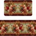 Retro Farmhouse Spring Floral Kitchen Rugs Sets of 2 Non Slip Washable, Country Vintage Flower Summer Spring Floral Kitchen Mats for Floor 2 Piece Home Decor (Victorian Rose)