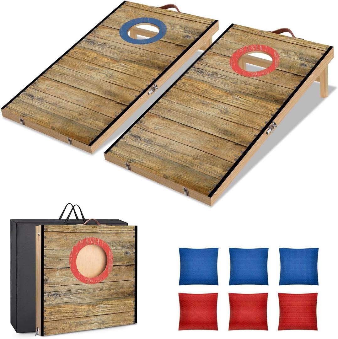 Portable Cornhole Board Set 2 ft x 1 ft Cornhole Set with 6 Bean Bags Foldable Cornhole Game for Kids and Adult Indoor or Outdoor Backyard Corn Hole Toss Games (Light-colored Wood)