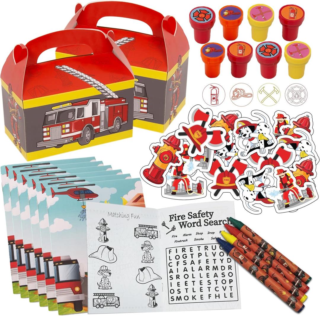Tigerdoe Fireman Party Favor Set - Fire Truck Party Favors - Party Favor Boxes, Fireman Stamps, Coloring books With Crayons, and Fireman Tattoos