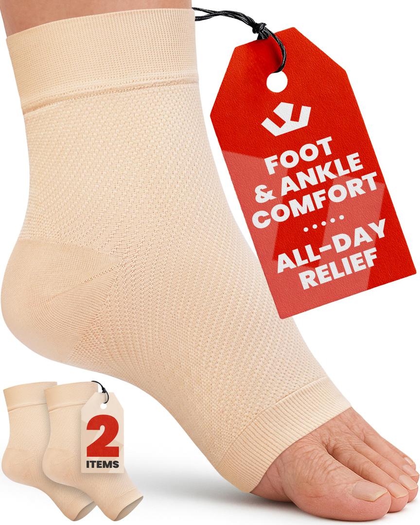 KEMFORD Ankle Compression Sleeve - 1-Pair, Plantar Fasciitis Braces - Open Toe Compression Socks for Swelling, Sprain, Neuropathy, Foot Arch Support for Men and Women - 20-30mmhg, XL, Beige