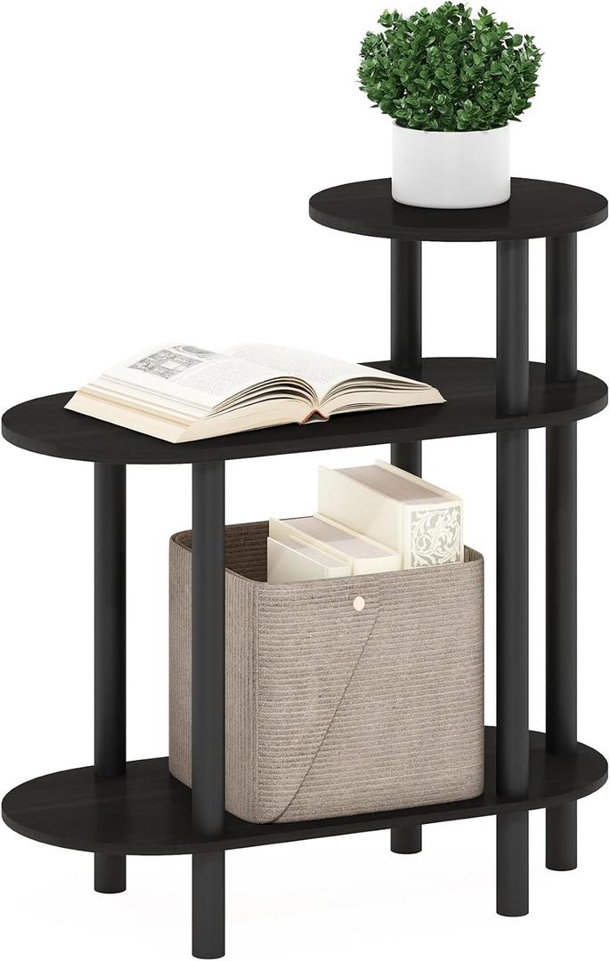 Furinno Turn-N-Tube Side Table, 3-Tier Oval Sofa End Table with Open Shelf, Toolless Assembly Night Stand, Bedside Table, for Living Room, Bedroom, Dark Espresso
