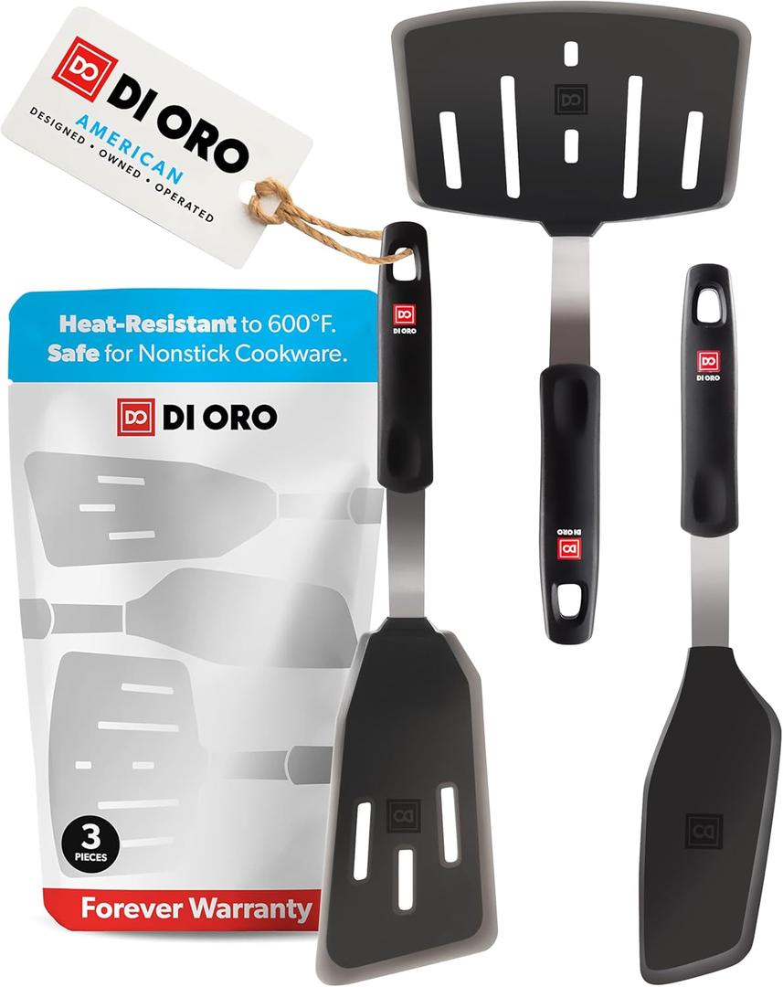 DI ORO Spatulas for Kitchen Use - 600F Heat-Resistant Silicone - Turner Spatula Set for Cooking - BPA Free Wide Pancake Spatulas - Egg Flippers for Nonstick Cookware Safe (3pc)