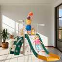 6 in 1 Toddler Slide,Kids Climber Slider for Indoor Outdoor Playground with Basketball Hoop,Storage and Telescope,L Shaped Slide for Toddler Climber Playset (Green)