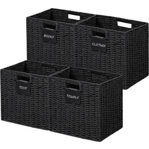 UBBCARE 4 Pack Wicker Basket, 1212 Storage Cubes with Label, Foldable Cube Storage Bin with Handle, Square Storage Basket for Shelves, Woven Paper Rope Basket for Organizing, Black (4pack-12L12H11.2W)