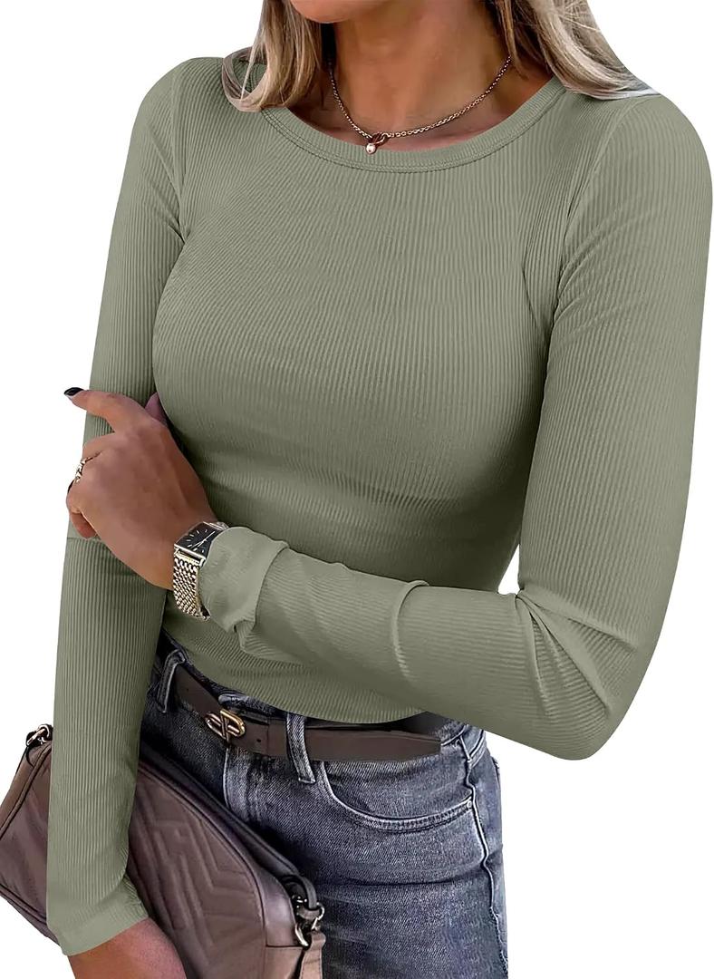 ANRABESS Women Long Sleeve Shirts Rib Knit Slim Fit Tops Basic Tee Spring Outfits Casual T-Shirt Underscrubs Layer Clothes, M