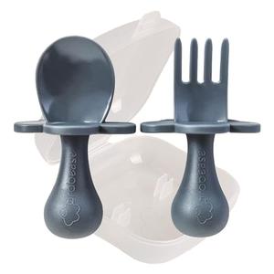 Grabease Toddler Spoon & Fork - First Stage Baby Spoons for Self Feeding from 4+ Months - BPA-Free & Phthalate-Free Baby Utensils & Silverware - 1 Set, Gray - Silverware Set - 1 Year Old Utensils