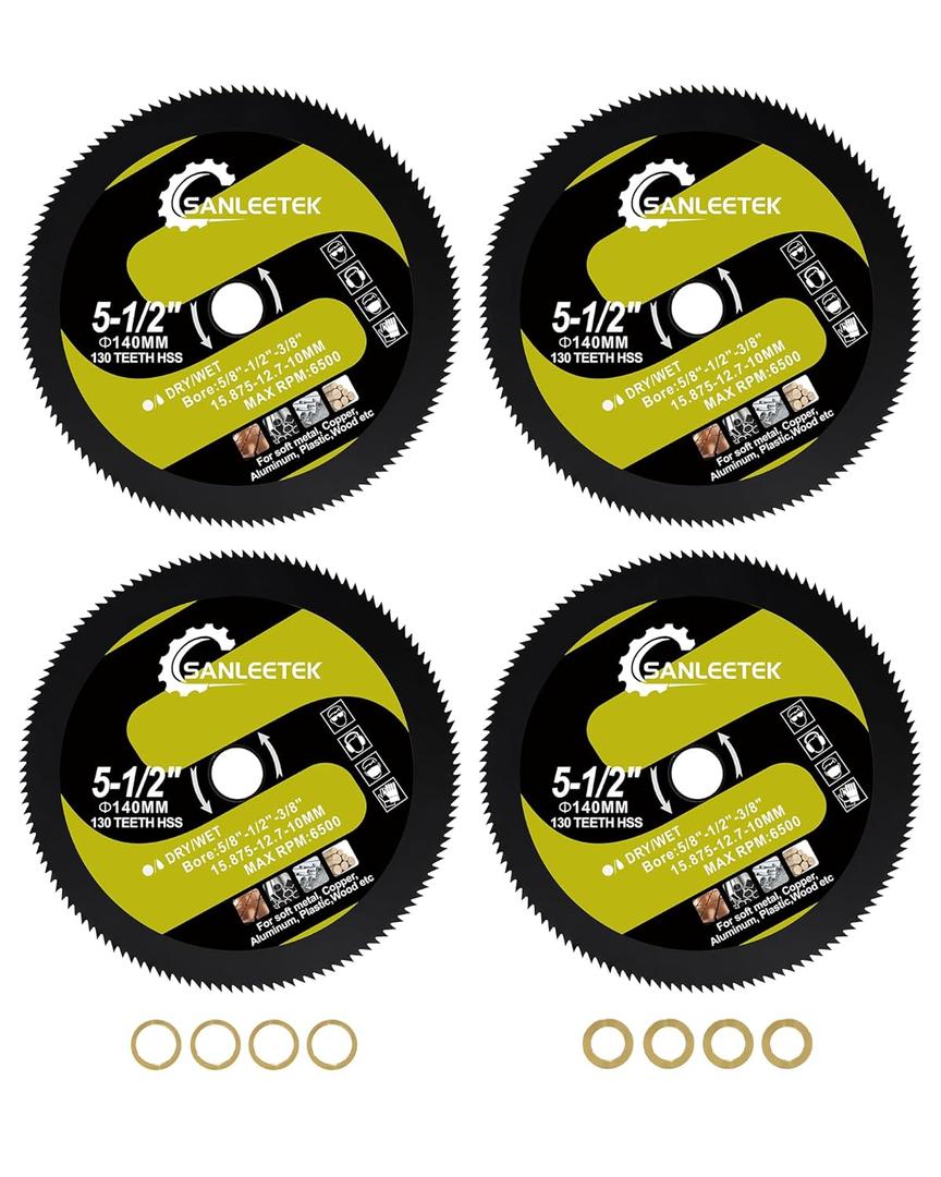 HSS Circular Saw Blade 5-1/2 Inch 130 Tooth SANLEETEK Cutting Plywood, OSB, Paneling, Vinyl Siding, Non-Ferrous Metals, Plastic, Copper, Aluminum with 5/8" Arbor, with 1/2" 3/8" Washer - 4 Pack