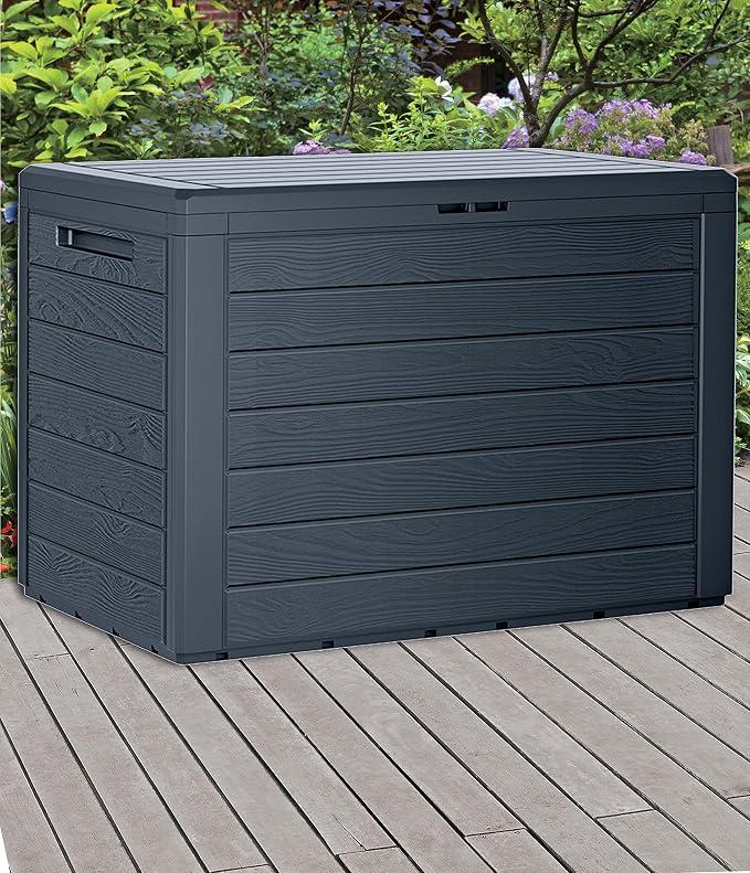  Anthracite 190L Wood Design Outdoor Storage Box Garden Patio Plastic Chest Lid (Horizontal Stripes, Pack of One)