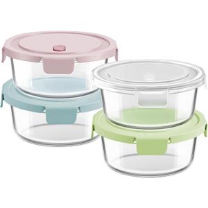 30oz Glass Meal Prep Containers with Lids, Airtight 3.75 Cup Food Storage Containers Set, Heat-Resistant BPA-Free Glass Containers for Soup Leftover, Microwave, Dishwasher, and Freezer Safe (4 Packs) (Multicolor+Clear)
