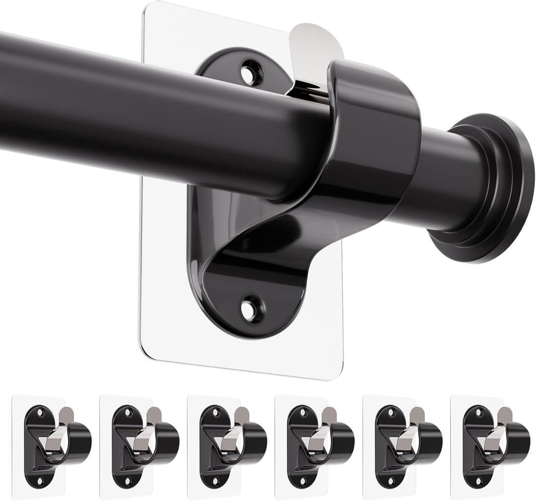 ANDGOO Pack of 6 No Drill Curtain Rod Brackets, Renter Friendly Self Adhesive Curtain Rod Holders, Heavy Duty No Drilling Curtain Rod Hooks for Apartment Bedroom Bathroom Dorm Classroom Kitchen (Black)