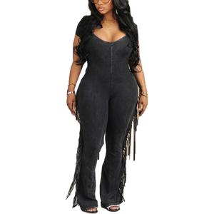 WOKANSE Women's Sexy Solid Bodycon V Neck Fringe Short Sleeve Bell Bottom Long Pants Jumpsuit Romper (Dark Gray) XL