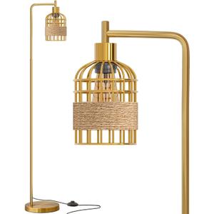 Oneach 66" Gold Floor Lamp for Living Room, Industrial Floor Lamp with LED Buld, Rattan Shade, Foot Switch, Minimalist Farmhouse Tall Standing Lamp for Bedroom, Office, Study Room