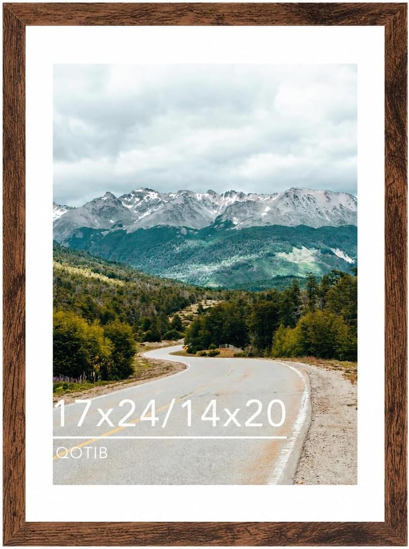 Wood 17x24 Picture Frame with 14x20 Mat Deep Brown, Display 14x20 with Mat or 17x24 Without Mat, Wood 17 by 24 Photo Frame, 17 x 24 Frame for Wall Hanging Display, Deep Brown