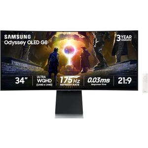 Samsung 34" Odyssey OLED G8 (G85SD) Ultra-QWHD QD-OLED G-Sync Compatible Curved Gaming Monitor, 175Hz, 0.03ms, Glare-Free Display, AMD FreeSync Premium Pro, LS34DG856SNXZA,2024