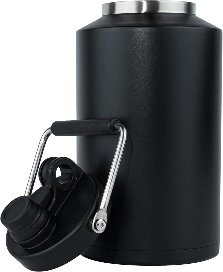 Kerilyn Insulated Gallon Jug with Handle, One Gallon, 128oz Stainless Steel, Large Double Vacuum Water Bottle for Hot & Cold Drinks, Wide Mouth, Sweat Proof, Great for Travel, Camping, Black