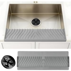 Silicone Sink Edge Protector and Splash Guard with Matching Drain Strainer, 24 Inch Countertop Chip Guard for Kitchen and Bathroom, 62 Suction Cups, Heat Resistant to 446F, Gray