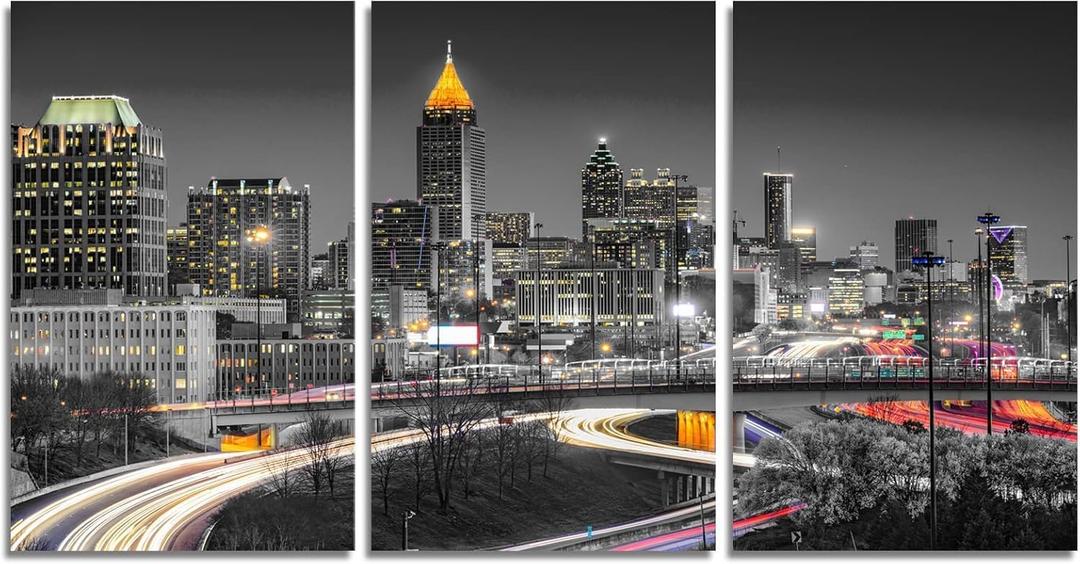 Atlanta Skyline Wall Art Black and White Georgia Cityscape Canvas Wall Decor for Living Room HD Prints Pictures Painting Artwork Decorations Poster with Frames Ready to Hang (42''Wx22''H)