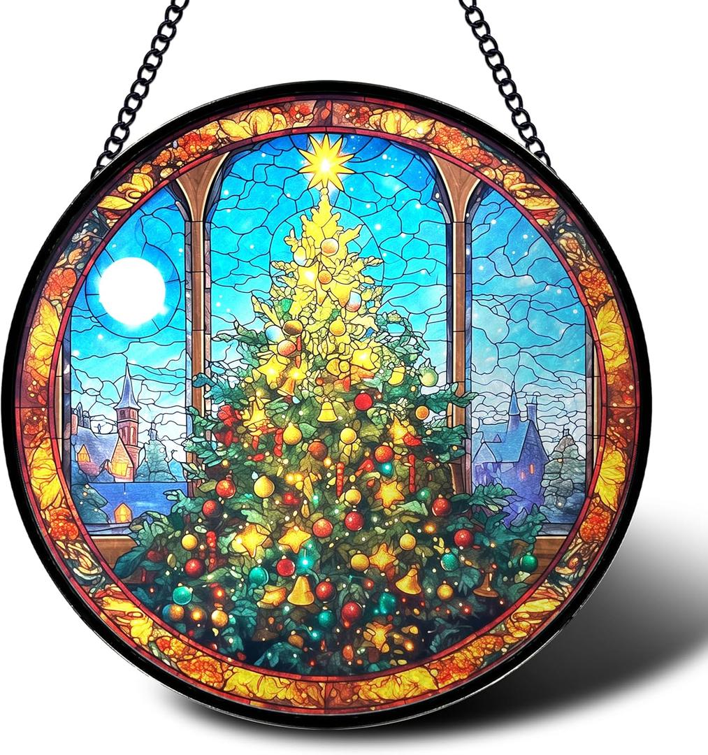 Stained Glass Window Hanging, Golden Glow Christmas Tree Round Sun Catchers Glass Panel Suncatcher Decor for Home, 7.8Inch. (020)
