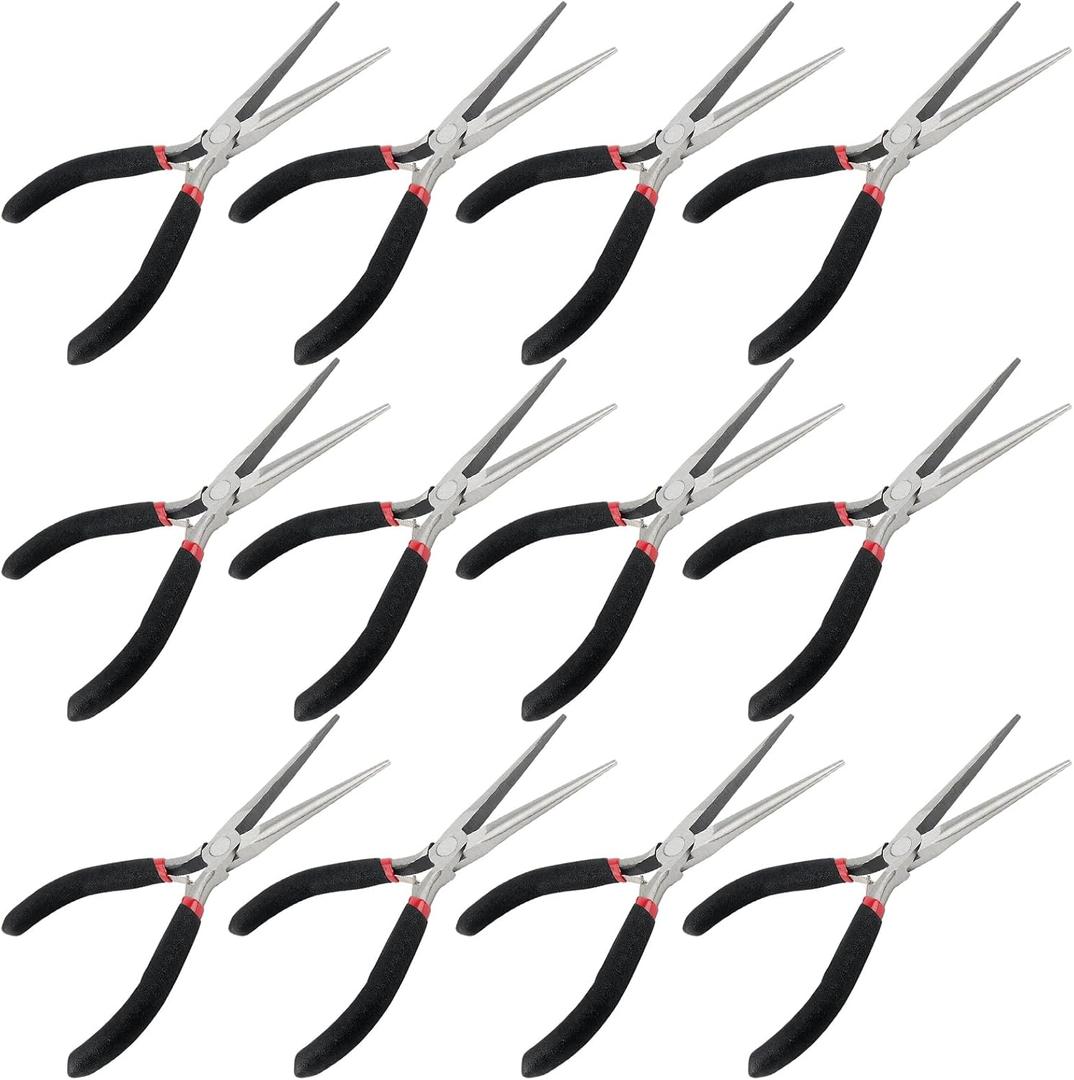 12 PCS 6 Inch Needle Nose Pliers, Long Needle Nose Pliers, Red Black Handle Tapered Needle Nose Pliers for Handmade Craft, Jewelry Making