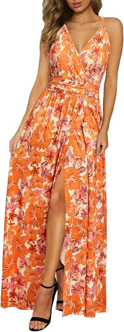 Newshows Women's 2026 Lightweight Summer Wedding Guest Beach Vacation Casual V Neck Split Flowy Maxi Dress