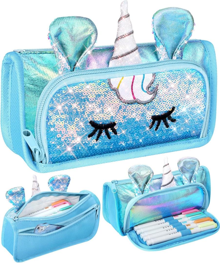 Cute Pencil Case, 3D Pencil Pouch for Girls Kids, Sparkly Pencil Bag with Sequins for Students, Glitter Bling School Supplies Stationary Pen Holder, Blue