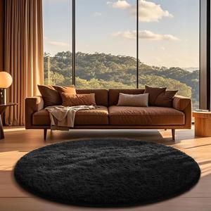 Ophanie Round Rug 6Ft Black Circle Area Rug, Room Decor for Men, Fluffy Fuzzy Bedroom Carpet, Plush Soft Shaggy Living Room Rugs for Kids Home Decor Aesthetic, Nursery