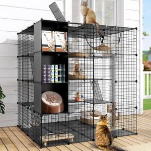 DWVO Large Cat Cage with Storage Cube, 4 Tiers DIY Indoor Cat Enclosures Metal Cat Playpen Catio with Large Hammock for 1-4 Cats, Black