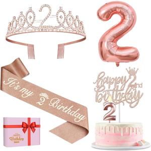 2nd Birthday Decorations for Baby Girls, Including 2nd Birthday Sash and Tiara, Cake Topper and Candle, Number Balloon, 2 Year Old Gifts for Girls