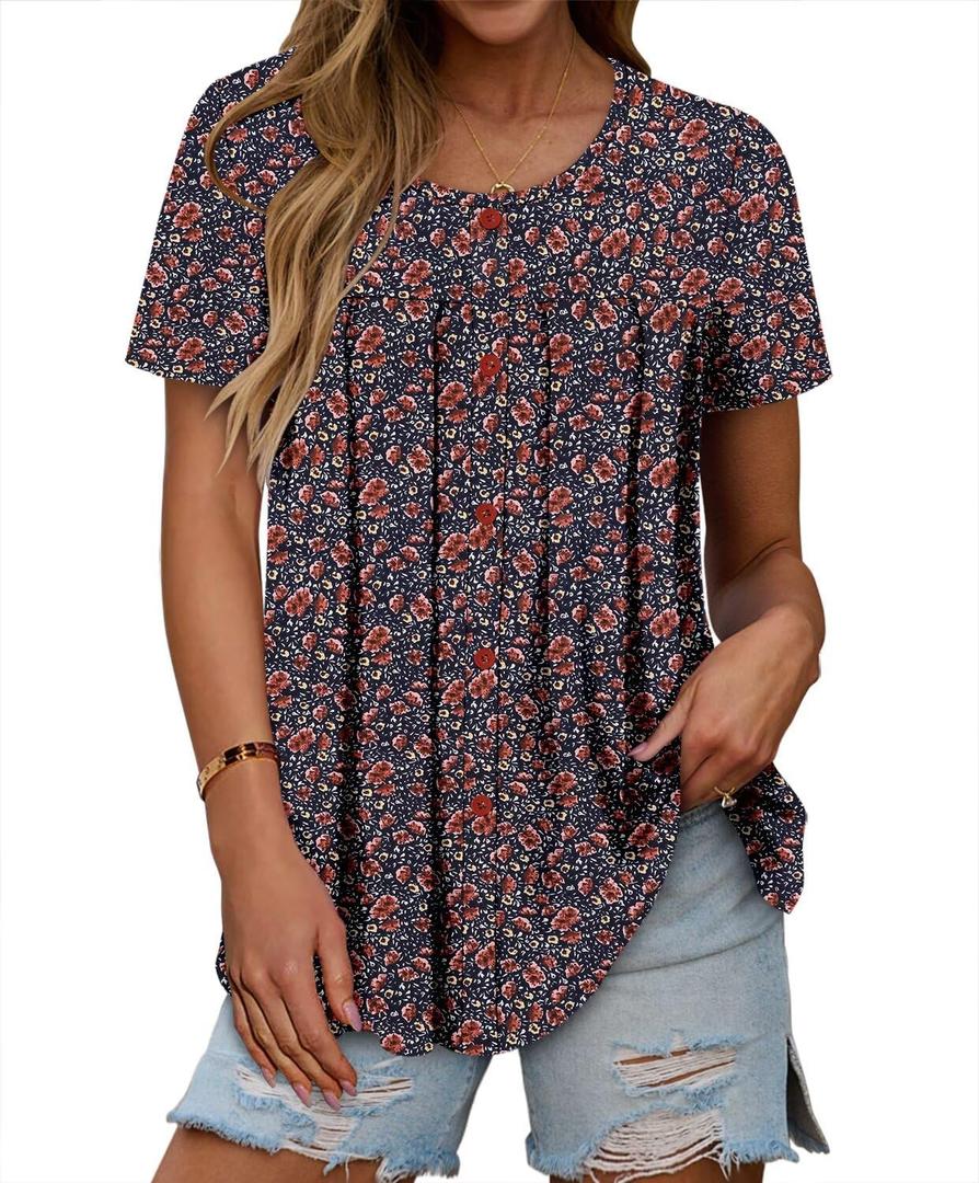 Magritta Women's T Shirts Trendy Fitted Pleated Front Summer Blouses Casual Buttons Round Neck Short Sleeve Tunic Tops (3X-Large)
