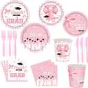 144pcs Pink Graduation Party Supplies for 24, Pink Graduation Decorations 2026 with 9 Inch Graduation Plates, 7 Inch Dessert Plates, Napkins, Paper Cups, Forks and Knives