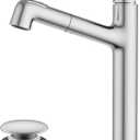 Vessel Sink Faucet with Pull Out Sprayer, Hurran Tall Bathroom Faucets with Pop Up Drain, Stainless Steel Single Handle Faucets with 2 Spout Patterns, Brushed Nickel