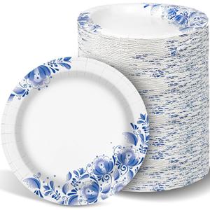 Charmount 10 Inch Large Blue Paper Plates, 300pcs Disposable Plates for Parties and Daily Use, Soak Proof, Cut Proof, Flower Printed