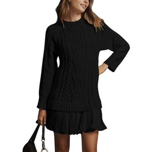 Women Cable Knit Sweater Dress Crewneck Long Sleeve Pleated Mini Dress Twofer Style Patchwork Dress (Small, Black)