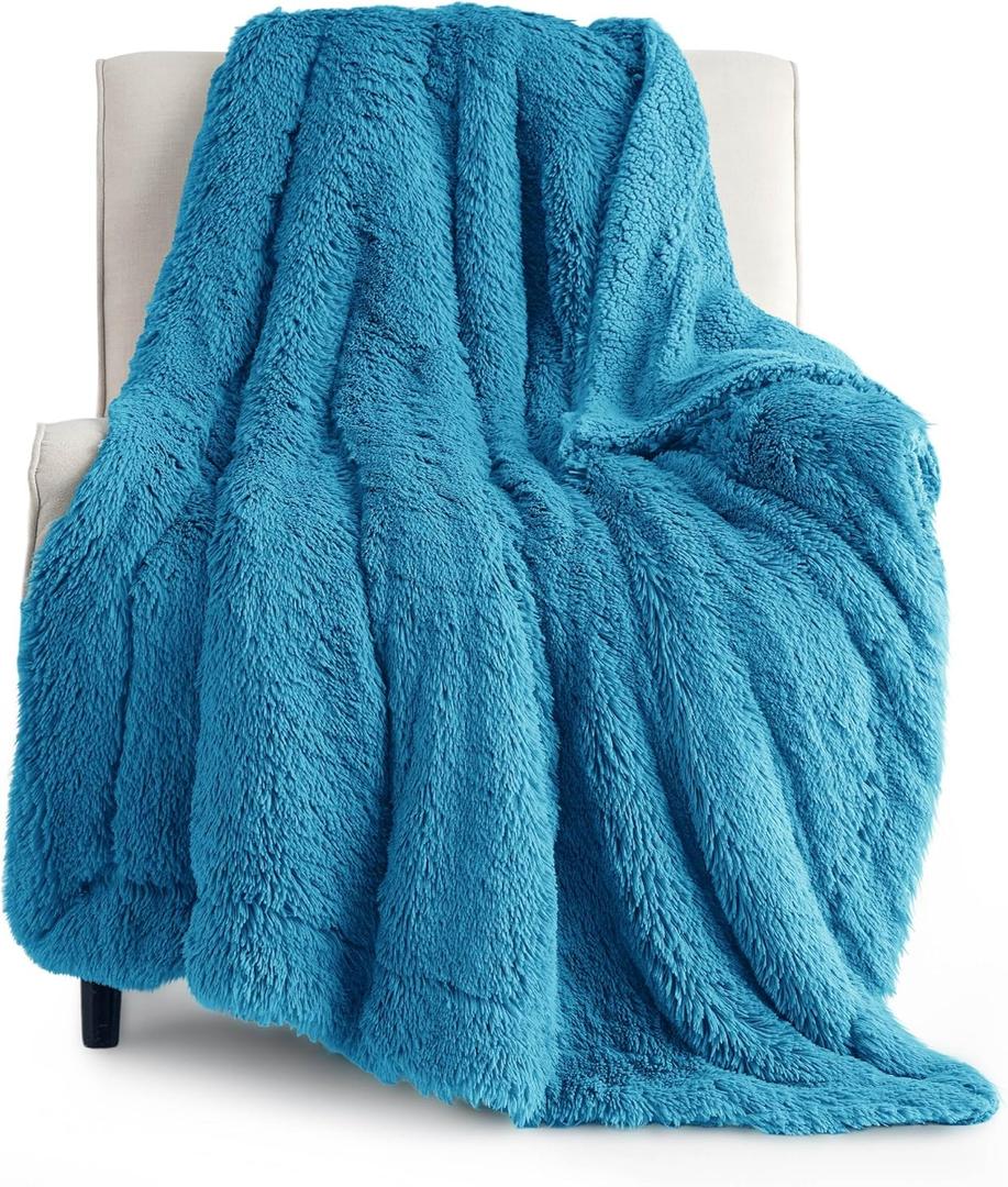 Bedsure Fuzzy Sherpa Faux Fur Twin Blanket Bright Blue Cozy Gifts for Women Men, Soft Fleece Plush Warm Minky Thick Blanket Twin Size for Bed, Room Decor Dorm Essentials Blue Decor Gifts, 60x80