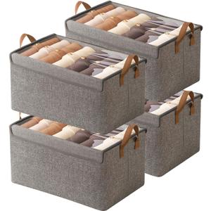AARAINBOW Closet Clothes Organizer Bins 4 Pc, Fabric Box Storage Shelf Bins Stackable, Foldable Closet Shelf Storage Container with Lid, Fabric Storage Bin with Steel Frame, 23L (4 Gray with Lid)