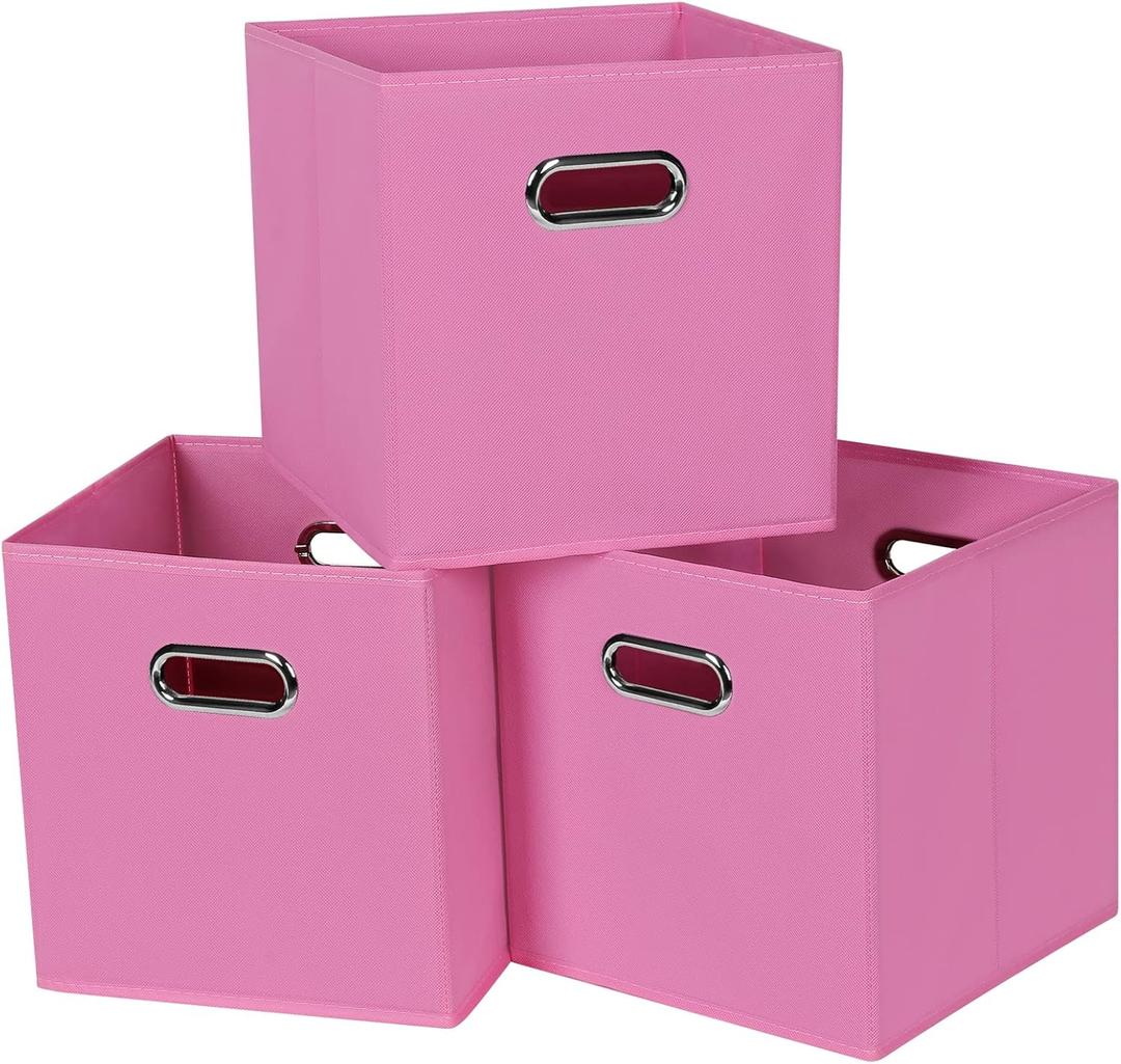 Black Fabric Cubby Storage Bins,13x13x13 Inches ,Cube Organizer Bin Foldable Storage Boxes with Dual Handles Fabric Organizer Box and collapsible Storage basket,Set of 3 ,Pink
