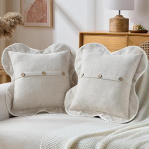 FUTEI Pack of 2 Chenille Buttons Throw Pillow Covers 18x18 Inch Four-Leaf Clover Shape Scalloped Bordered Decorative Cushion Case Farmhouse Accent for Couch Living Room, Natural