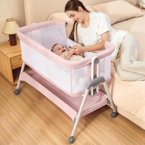 ANGELBLISS Baby Bassinet Bedside Sleeper with Wheels, 6 Heights (Pink) | All-around mesh, easy-open side, removable mattress and cover, storage basket, 4 locking wheels, tool-free setup, 20 lb max