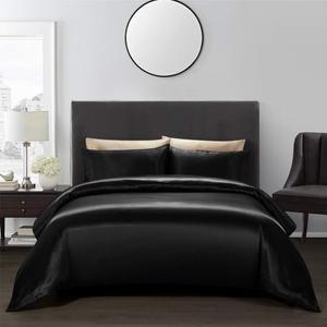 AiMay 3 Piece Satin Duvet Cover Set Bedding Sets Luxury Rich Silk Silky Super Soft Solid Color Reversible Zipper Closure Sexy Honeymoon Stain-Resistant Wrinkle Free (King, Black)
