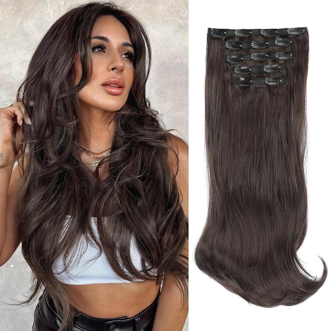 Lommel Clip-in Hair Extensions, 5PCS Dark Brown Synthetic Thick Long Straight Layered Hair Extensions, Invisible Lace Weft, 20 Inch